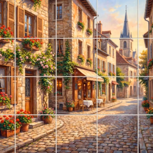 Painting of a sunlit cobblestone street in a European village with flowers.