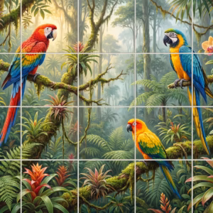 Three colourful macaws perched on mossy branches in a dense tropical jungle mural.