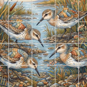 A tile mural of sandpipers with patterned wings foraging by a reedy river.