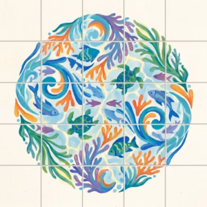 A circular watercolour tile mural of sea turtles, fish, and coral.