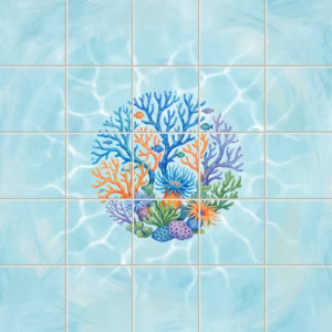 A tile mural of a circular watercolour coral reef on a blue background.