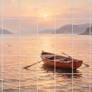 Red Rowboat tile mural: a painterly mural of a red rowboat on a calm sea at sunset.