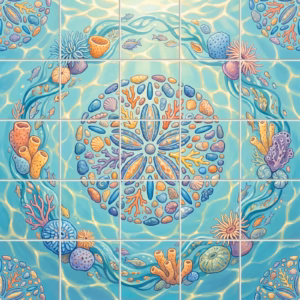 An illustrated underwater tile mural with a central mandala made of shells and coral.