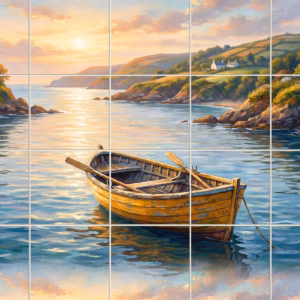 Yellow Rowboat tile mural: painting of a yellow rowboat in a peaceful coastal cove at sunset.