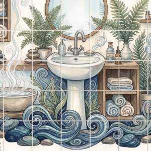 A watercolour tile mural of a tranquil spa bathroom with a sink and ferns.