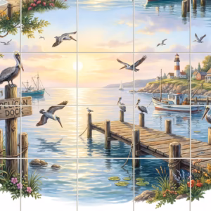Pelican Dock tile mural: a painterly mural of a coastal scene with pelicans on a dock at sunset.