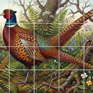 A tile mural of a colourful pheasant standing in a woodland undergrowth.
