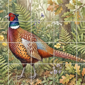 Pheasant Study No. 11 tile mural: a watercolour painting of a male pheasant in a forest with green ferns.