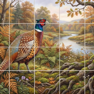 Pheasant Study No. 12 tile mural: painting of a pheasant in an autumn forest by a stream and mossy tree.