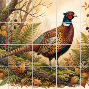 Pheasant Study No. 13 tile mural: watercolour painting of a pheasant on a log in a forest with blackberries.