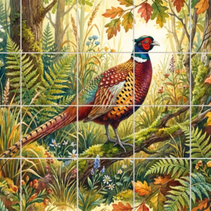 Pheasant Study No. 14 tile mural: a watercolour painting of a male pheasant on a mossy branch in an autumn forest.