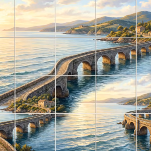 A classical painting of a long, curving stone bridge over the sea at sunrise.