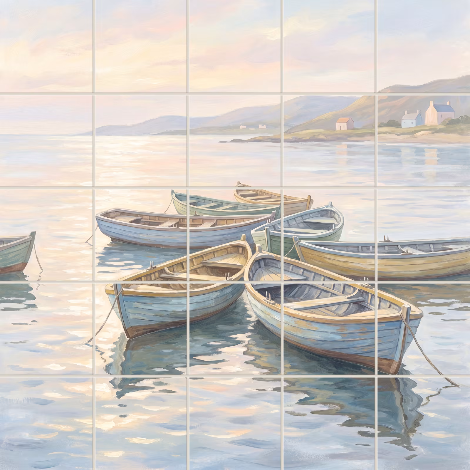 Tile mural of rowboats on calm water in a coastal harbour at sunrise.