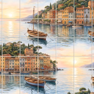 A tile mural of a painterly Italian coastal village with boats at sunrise.
