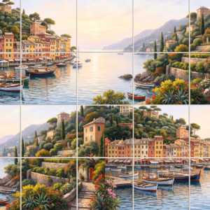 A painterly mural of a colourful Italian coastal village harbour with boats.