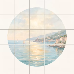 Portofino Distant Sails accent tile: a circular painting of a Mediterranean coastal village with sailboats on calm water.