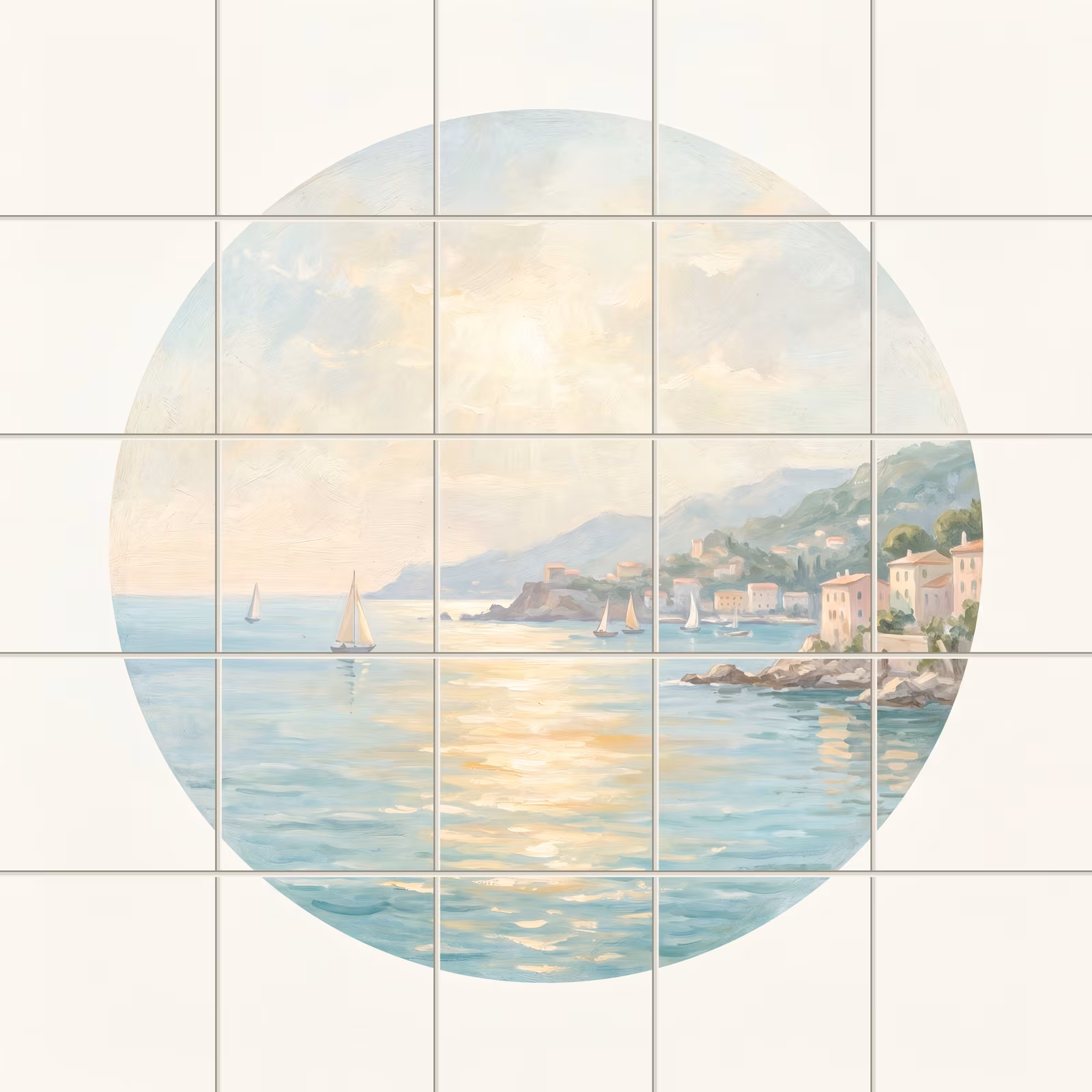 A circular painting of a Mediterranean coastal village with sailboats on calm water.