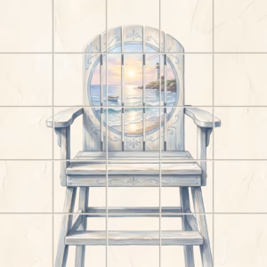 Tile mural of a painted lifeguard chair with a coastal lighthouse scene.