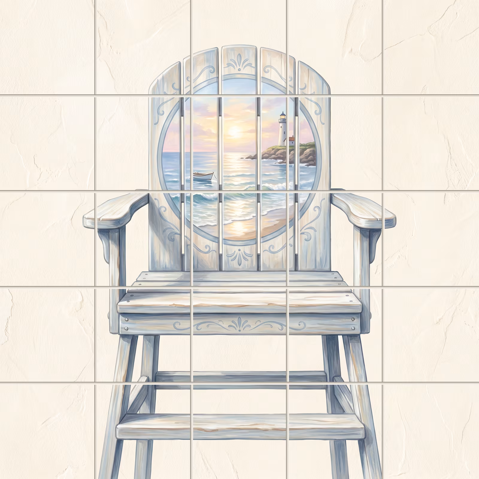 Tile mural of a painted lifeguard chair with a coastal lighthouse scene.