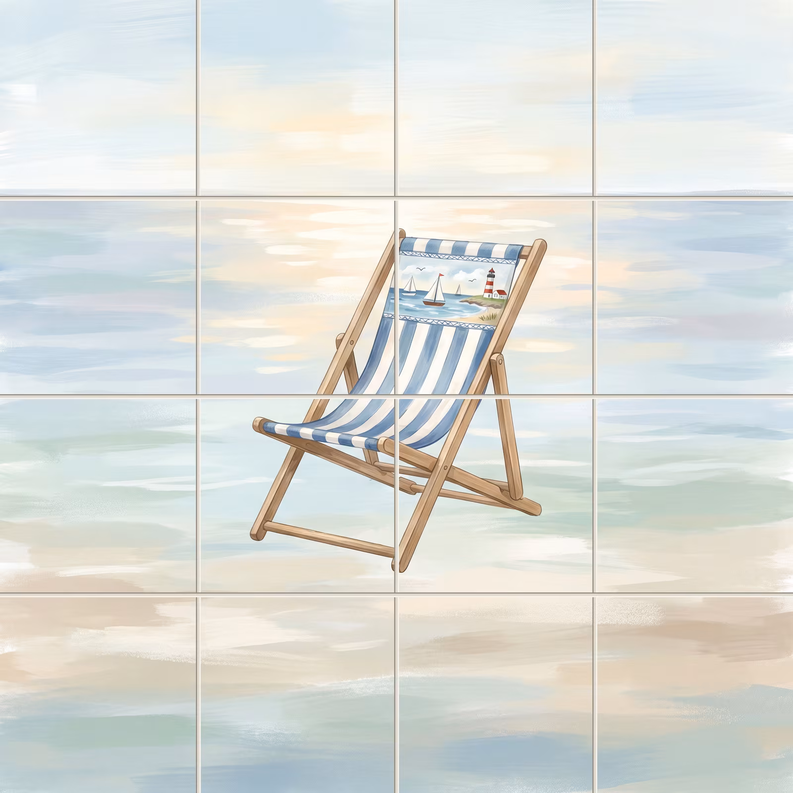 A tile mural of a blue striped deckchair on a watercolour beach scene.