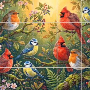 A painted mural of colourful songbirds like cardinals and robins on leafy branches.