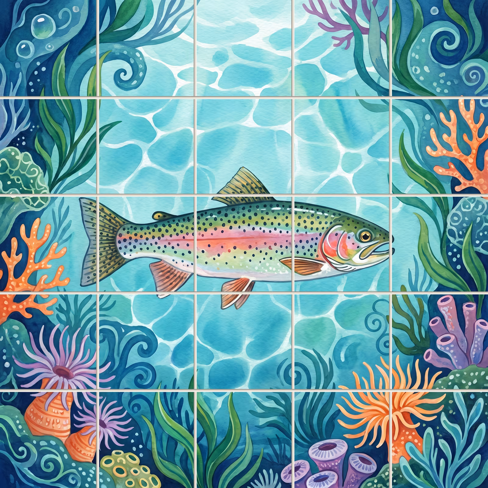 A watercolour tile mural of a rainbow trout surrounded by colourful underwater plants.