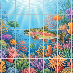 An illustrative tile mural of a rainbow trout swimming amongst colourful coral and fish.