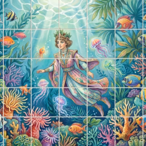A fantasy illustration of a person in royal clothes swimming underwater with fish.
