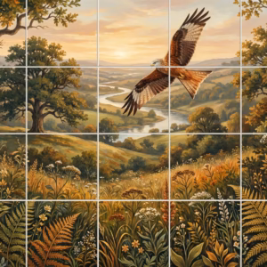 A painted mural of a Red Kite soaring over a river valley with foreground botanicals.