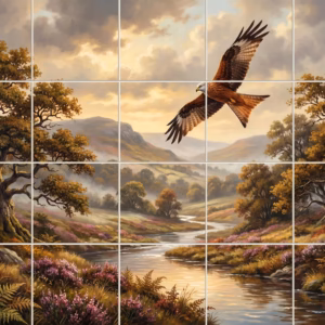 Painterly tile mural of a red kite flying over a scenic river valley.
