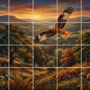 A tile mural of a red kite flying over a scenic autumn valley.