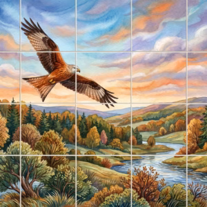Watercolour painting of a red kite flying over an autumnal forest and river.