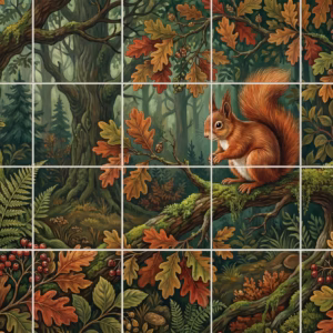 Tile mural of a red squirrel on a branch in an autumn forest.