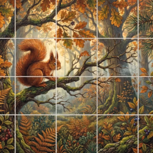 An illustrative tile mural of a red squirrel sitting on a mossy tree branch.