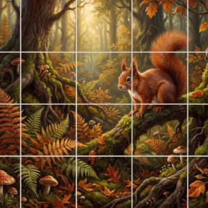 Red Squirrel Study No. 13 tile mural: a painterly mural of a red squirrel in a mossy, autumnal forest.