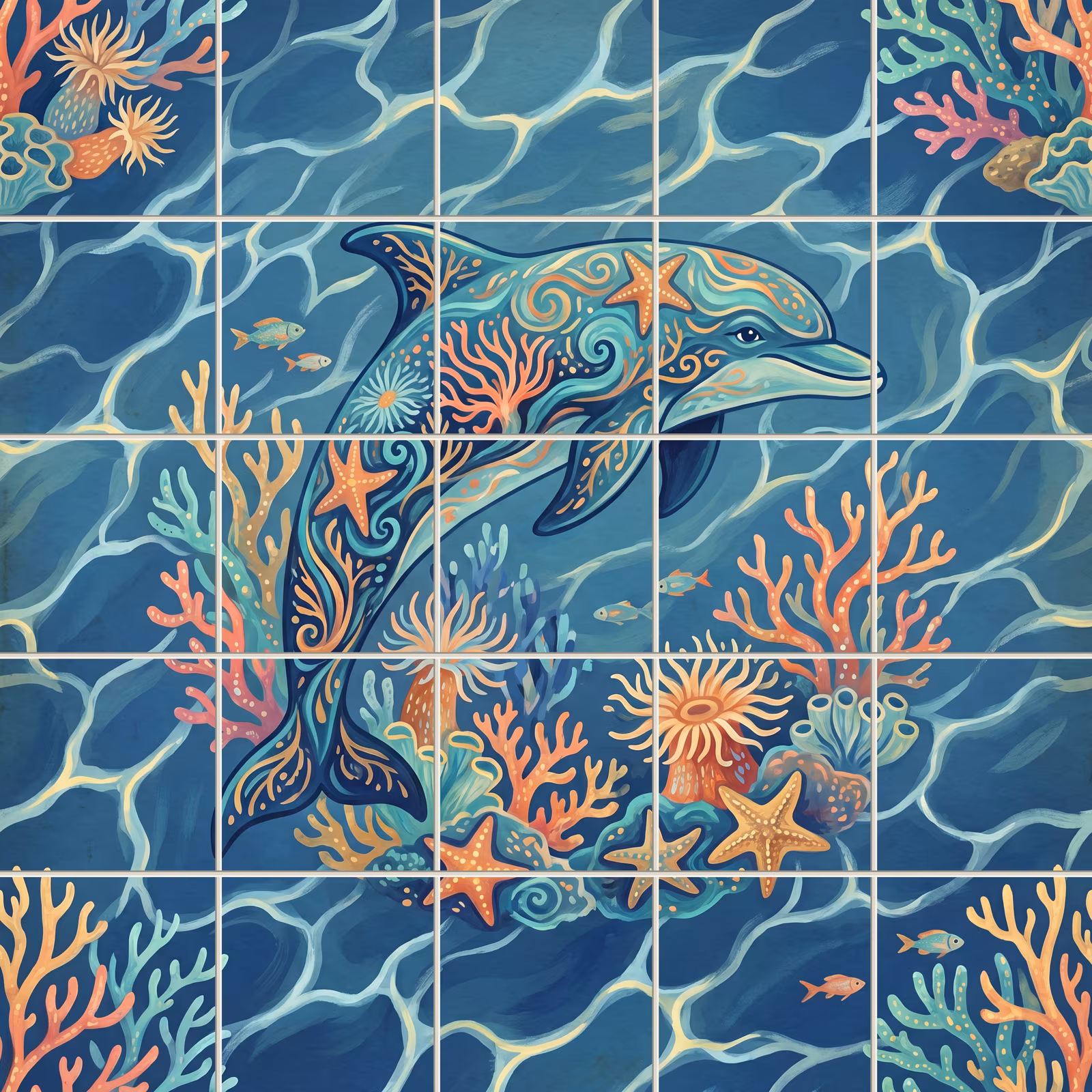 An illustrative tile mural of a patterned dolphin swimming through a colourful coral reef.