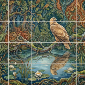 A stylised tile mural of a golden eagle on a branch over a pond.