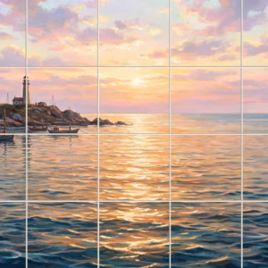 A painted mural of a lighthouse on a rocky coast at sunset.