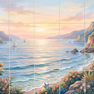 Painterly mural of a coastal cove at sunset with sailboats on calm water.