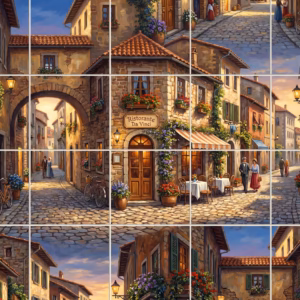 A romantic painting of an old Italian village street with a restaurant at dusk.