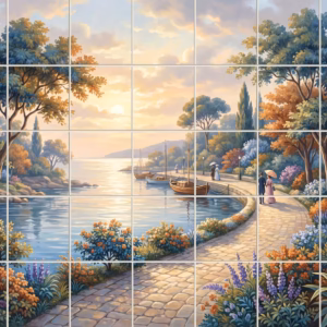 A painted mural of a romantic coastal scene with couples strolling at sunset.