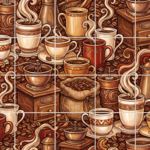 An illustrated tile mural featuring a collage of coffee cups, grinders, and beans.