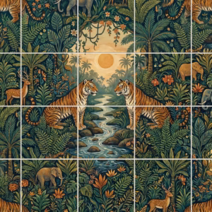 A symmetrical illustrative mural of tigers and elephants in a verdant jungle.