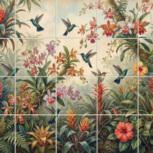 A painted tile mural of hummingbirds flying among tropical flowers like orchids and hibiscus.