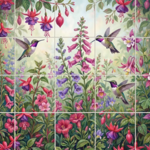 A painted tile mural of three hummingbirds flying amongst pink and purple flowers.