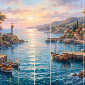 A painted mural of a Mediterranean harbour at sunset with a lighthouse and boats.