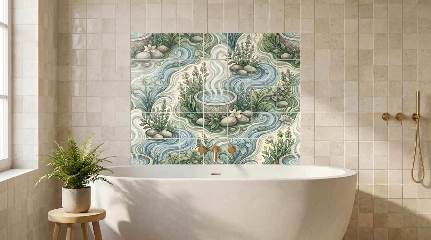 Sage Bath I - Tile Mural - Image 2