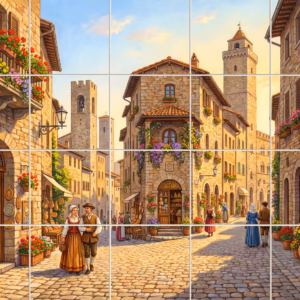 An illustration of a bustling medieval Italian street with stone towers and villagers.