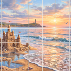 A painted mural of a sandcastle on a beach at sunset with a lighthouse.
