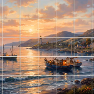 The Escorts tile mural: a tile mural of a fishing harbour at sunset with boats and a lighthouse.